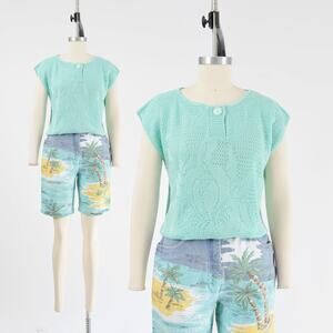 Vintage Mint Green Sweater Sheer Open Knit Floral Cap Sleeve Slouchy Top S M